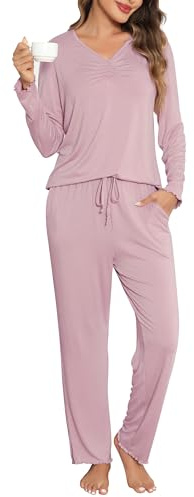 Wikoan Dampyjamasset, varm 2 delar V-ringad långärmad mjuk pyjamasöverdel med ficka, pyjamasset, S-XXL, Rosa (Dusky Pink), XXL