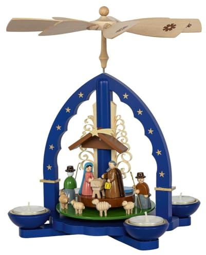 Rudolphs Skattkista, pyramid, krist, födsel, blå för värmeljus och ljus, höjd 27 cm, ny värmeljuspyramid, julpyramid