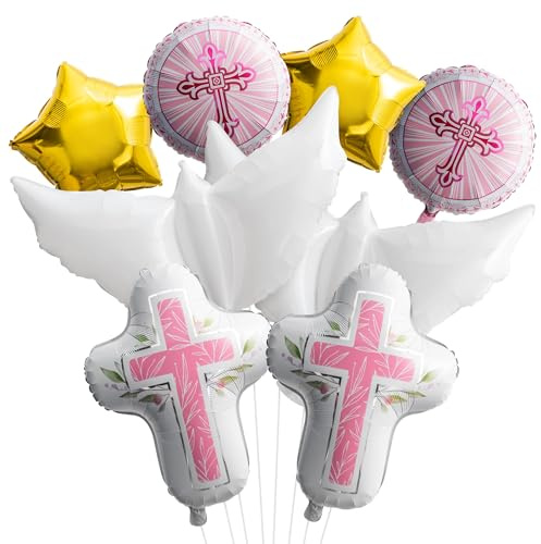 Ballon de Première Communion - 8 Pièces en Aluminium, Colombe Croix Étoile, pour Baptême Enfants Fête Décoration (Rose)