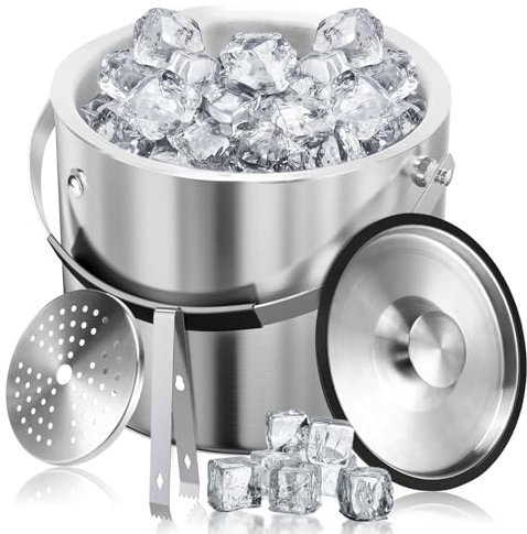 Edelstahl Eisbehälter 3L mit luftdichtem Deckel，Sieb und Eiszange，Eiswürfelbehälter doppelwandiger, Eisbehälter für Eiswürfel Ideal zum Kühlen von Bier Champagner Wein und Obst
