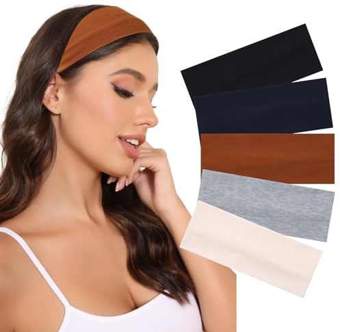 Kajeer 5 Stück Stirnband Damen Elastische Baumwolle Stirnbänder Sport Anti-Rutsch Haarband Weich Mehrfarbig Haarbänder für Yoga Fitness Laufen (Einfarbig, Einheitsgröße)