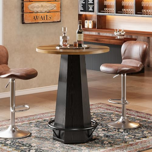 Tribesigns Round Bar Pub Table High Top, 39.4 H Bistro Cocktail Table with Metal Footrest for Drinking & Gathering, Industrial Home Bar Unit, Small Spaces, Brown & Black