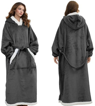 Standard Size Wearable Hoodie Blanket Soft Sherpa Fleece with Big Pocket & Adjustable Belt, Warm Cosy Adult Blanket for Home, Unisex Gift for Men & Women, Iron Gray