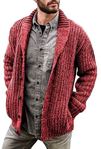 Generisch - Chaqueta de punto para hombre con botones, color sólido, suéter suave y ligero, ajuste relajado, cardigan de manga larga, jumper, cuello con solapa, chaqueta tradicional, rojo, XL