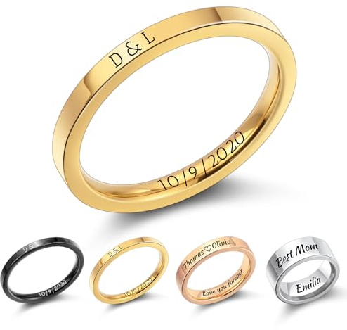 MMXX Anillos de 2MM/4MM/8MM Acero Inoxidable Personalizados Grabado Personalizado Nombre Fecha Anillos de Boda Sencillos Anillo de Promesa de Alto Brillo para Mujeres Hombres