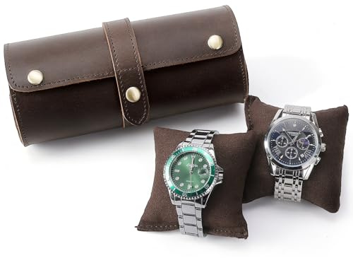 TIDING Genuine Leather Watch Travel Case 2 Slots Brown | Full Grain Leather Watch Roll for Men Women, Luxury Storage Organizer Box