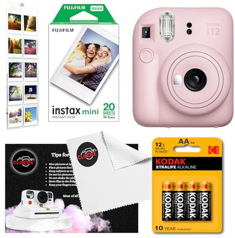 Instant Camera Bundle with Fujifilm Mini 12 Camera, Fujifilm 20 Shot Mini Film, 4 x AA Batteries, Wall Album, Clikoze Lens Cloth and Instant Photography Tips Card (Pink)
