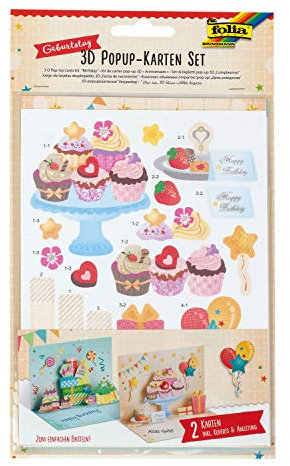 folia 11601 - 3D Pop Up Karten Geburtstag, Bastelset für 2 Glückwunschkarten inklusive 2 Kuverts mit Stanzteilen und 3D Klebepads