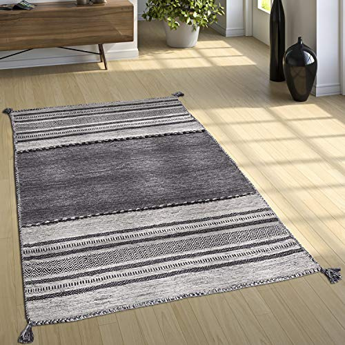 Paco Home Tappeto Design Tessuto Kelim Lavorato A Mano 100% Cotone Moderno Fantasia Grigio, Dimensione:240x340 cm