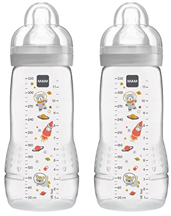 MAM Easy Active Baby Bottle with Fast Flow MAM Teats Size 3, Twin Pack of Baby Bottles, Baby Feeding, 330 ml, Grey (Designs May Vary)