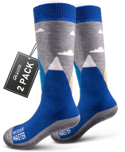 OutdoorMaster 2 Paar Merinowolle Unisex skisocken kinder, Winter Snowboarding Atmungsaktive Thermische Socken für Mädchen/Jungen für Outdoor-Sportarten mit Über die Wade Design/Anti-Rutsch-Bündchen
