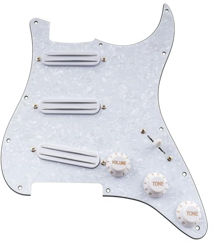 Musiclily 11-Hole SSS Prewired Loaded Pickguard with Dual Hot Rail High Output Pickups Set for Fender Squier Strat Electric Guitar,4Ply White Pearl