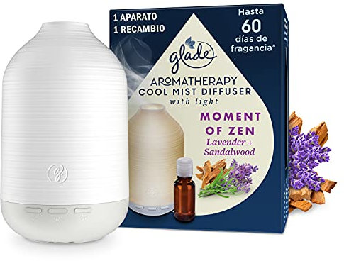 Glade Aromatherapy Difusor De Aceites Esenciales, Fragancia Moment Of Zen, Lavanda & Sandalwood, Difusor Y Recambio, Con Usb Y Luz Regulable, Color Incoloro, 84x108x138