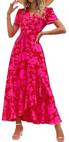 PRETTYGARDEN Women's Summer Wrap Maxi Dress Casual Boho Floral V Neck Short Sleeve Ruffle Hem Split Beach Long Dresses (Red Floral,X-Large)