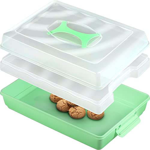 KADAX Caja de plástico para tartas con tapa, 43 x 30 x 12,5 cm, caja de transporte con asa, molde para tartas de hojalata, magdalenas, rectangular, caja de alimentos (menta)