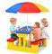 KOMFOTTEU Kinder Sitzgruppe mit Sonnenschirm, Kindermöbel mit 1 Tisch & 2 Bänke, Kindersitzgruppe aus PP, Picknick Set für Park Garten Camping, Blau+Rot+Gelb