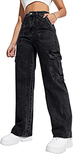 Flvsun Pantaloni Cargo da Donna a Vita Alta Larghi Cargo Jeans a Gamba Dritta Y2K Streetwear Pantaloni 6 Tasche per Donne Adolescenti Ragazze., Nero, S