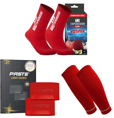PASTE - XXL 3er Set: TAPEDESIGN Fußball-Socken (Classic), Stutzen Schienbeinschonerhalter (rot) - Herren Sport & Fussball-Socken mit Schienbeinschoner Halterung (Grip Tapes) & Fußballstutzen
