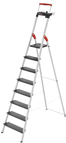 HAILO L100 Topline 8-Step Ladder – Aluminum Stepladder with Safety Bar, Tray, Locking Platform, XXL Non-Slip Steps, Hook, Strap, 330 lb Capacity, Max Working Height 146.5, EasyClix Compatible