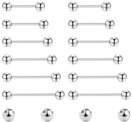 Gojewen 12er Zungenpiercing Brustwarzenpiercing und 4er Ersatzkugel Chirurgenstahl Silber Piercing Zunge Brustwarze Barbell 10/12/14/16/18/20mm