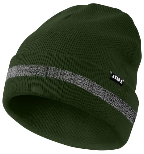 ATNKE Reflective Beanies Safety High Visibility Winter Thermal Knitted hat with Reflective Stripe Suitable Outdoor Work Sports Dark Army Green