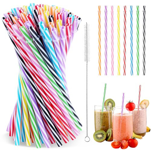 Strohhalme Plastik 75Stk Strohhalme Wiederverwendbar Trinkhalme Kunststoff Plastikstrohhalme 23cmx7.3mm Verdickte Hart Strohhalm Bunt mit Bürsten für Party Smoothies Saft Cocktail Heißgetränk