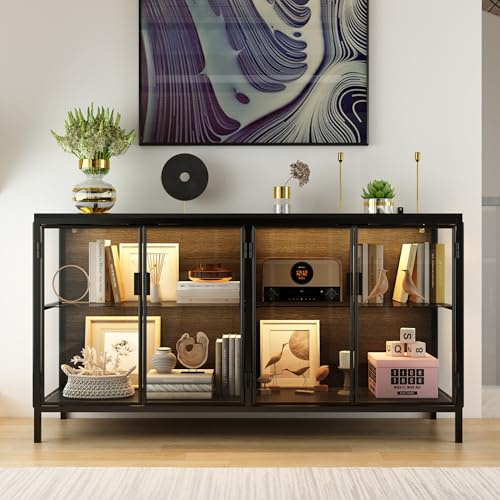 DEZAGCE Vitrina de cristal de 2 puertas con marco de hierro, vitrina de cristal con tiras de luz de 3 colores, 40 x 140 x 75 cm, color negro