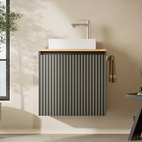 Planetmöbel Conjunto de Muebles de baño Lavabo con Mueble bajo 56 x 55 x 30 cm Antracita, con grifería y Juego de desagüe Cromado para baño, Aseo y Cuarto de baño