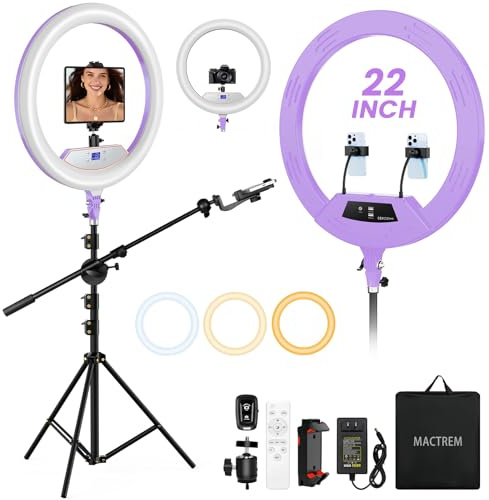 MACTREM Professional 22 Ring Light with Stand, Overhead Phone Mount