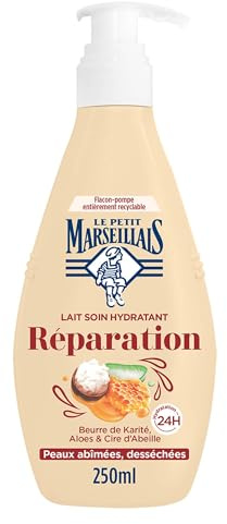 Le Petit Marseillais - Lait Soin Hydratant Réparation (Flacon-Pompe de 250 Ml) – Lait Corps pour Peaux Abîmées et Desséchées Hydratation 24H – Lait Corporel au Beurre de Karité,Aloes et Cire d'Abeille