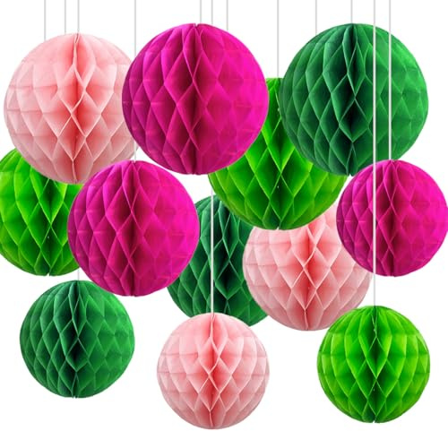 CC wonderland zone 12pcs Hot Pink and Green Paper Honeycomb Balls,6 & 10 Hanging Tissue Pom poms for Birthday Party Decoration