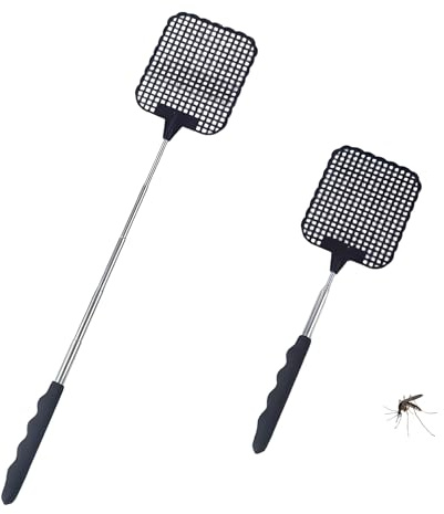 2 Stück Fliegenklatsche Ausziehbar,Fliegenklatsche Stabil,Insektenklatsche Mit Edelstahl Griff,Fliegenfänger Insektenfänger Fliegenschutz vor Insekten, Fliegen, Mücken, Wespen (Schwarz)