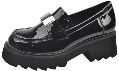 Eestfy Mocasines con Plataforma Mujer con Detalle de Hebilla Metálica Estilo Gótico Suela de Tacos Gruesa Zapatos Slip On para Moda Urbana y Vestir de Oficina,Black Patent,42 EU
