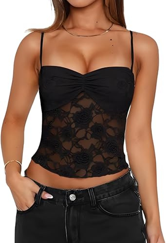 Fumxincg Women's Y2K Lace Cami Top - Sleeveless Spaghetti Strap Sexy Mesh See Through Crop Camisole, Backless Going Out Club Tops (UK, Alpha, M, Regular, Regular, Black)