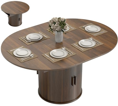HOMCOM 43.3 to 59 Extendable Dining Table for 4-6, Farmhouse Round to Oval Kitchen Table with Storage, Fluted Sliding Doors and Pedestal Base for Small Spaces Kitchen Dining Room, Walnut
