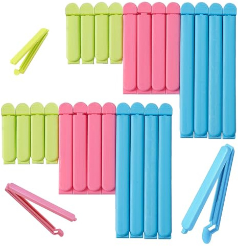 SHUBEIEUMI 24 Pcs Plastic Food Bag Clips in 3 Sizes and 3 Colours