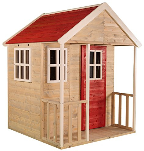 Wendi Toys casetta in legno per bambini 120×120×155 cm con finestre, veranda, mensola e porta, casetta da giardino esterna resistente alle intemperie, legno FSC, colore rosso - M6R