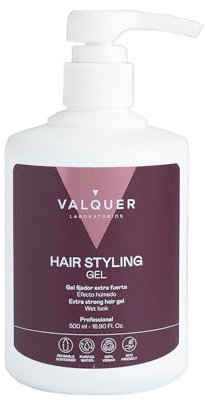 Valquer Gel Fijador Capilar, Gomina Extra Fuerte con Efecto Mojado. Define y Moldea Peinados con Brillo Natural, Textura Ligera y Sin Rigidez. Vegano. 500 ml