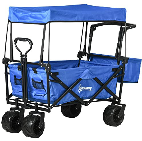 Outsunny Chariot Pliant avec Toit, poignée, Panier Chariot de Transport Pliable de Plage Tout-Terrain Acier Oxford Bleu