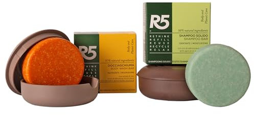 R5, Kit 1 Shampoo Solido Idratante e 1 Docciaschiuma Solido Nutriente al Profumo di Fiori, 2 Portasaponi in Plastica 100% Riciclata, Ecostenibili, Vegan, Made in Italy, Idea Regalo