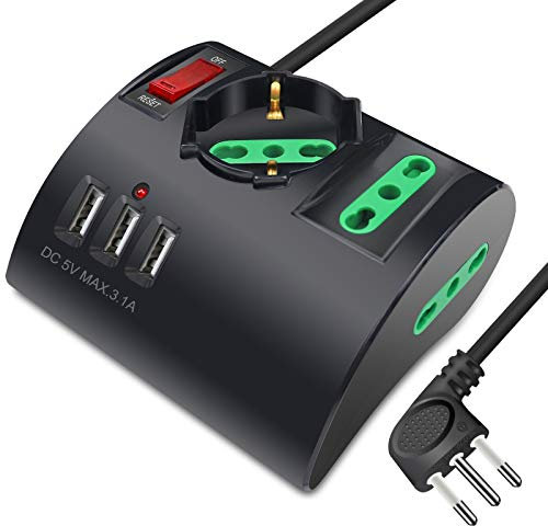 Extrastar Multipresa da Scrivania/Tavolo con 3 Presa USB,Presa con interruttore automatico di protezione 10A,Nero,2500W,3 Prese (2 ITA/Schuko),1.5M