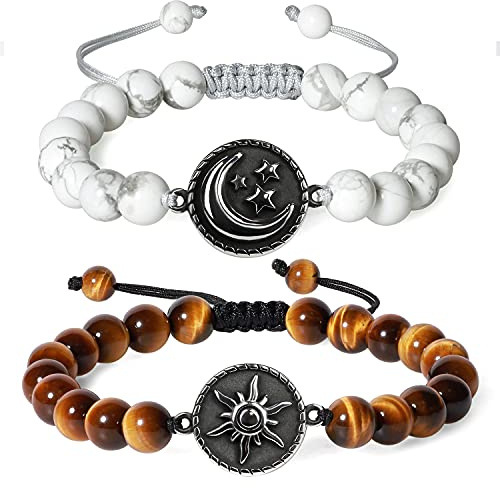COAI Bracelets Couple Amoureux pour 2, Bracelets Œil de Tigre/Howlite, Charms Soleil & Lune