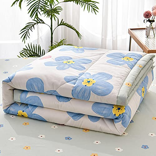Chickwin Quilted Bedspread Single Double King Size, Simple Floral Printed Coverlets Lightweight Microfiber Comforter Easy Care Sofa Blanket Throw for All Season (200x230cm,Blue Flowers)