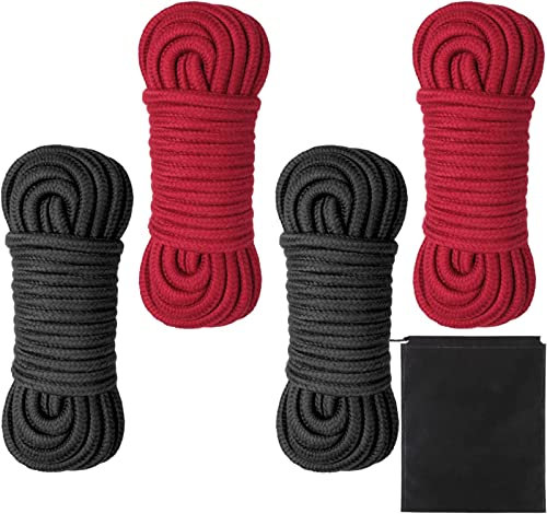 4 Pack 5m/16Feet Soft Cotton Rope, 8mm Long Rope Thick Craft Cord Cotton Cord Bondage Rope Twisted Cord with Storage Bag (Black+Red)