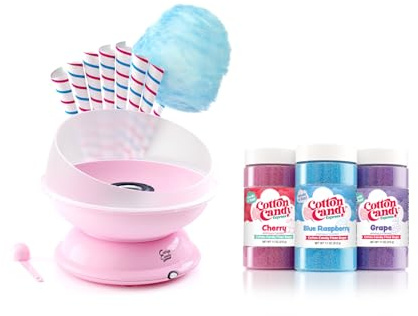 Cotton Candy Express 3 Flavor Fun Pack and Pink Cotton Candy Maker Bundle Featuring 50 cones and Floss Sugar Flavors - Cherry, Grape, and Blue Raspberry