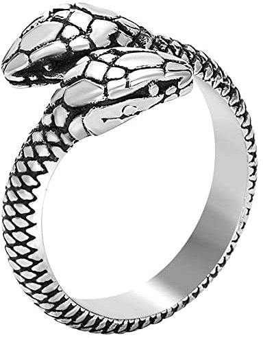 JewelryWe Schmuck Retro Schlange Ring Herren-Ring Vintage Punk Gegenüber Schlangen Kopf Edelstahl Öffnung Band Bandring mit Gravur, Silber Größe 62