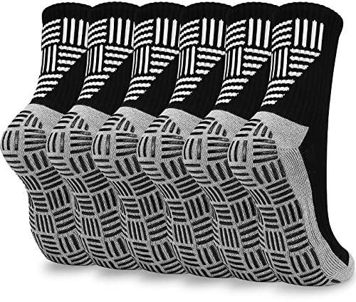 ouhos Mens Black White Non Slip Grip Football Sports Socks 9-12 Anti Blister Cushioned Thick Comfortable Basketball Tennis Trainer Athletic Socks with Rubber Dots for Men 3 Pairs