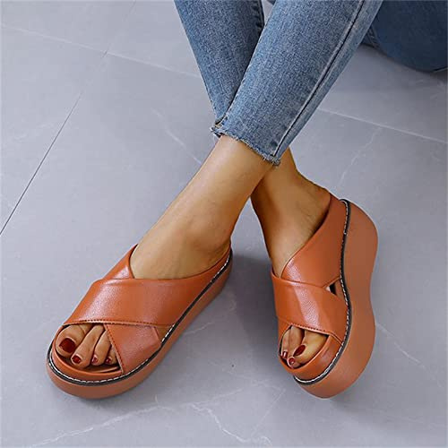 SWTKO Zapatillas Lisas Básicas para Mujer, Sandalias con Plataforma Zuecos Mules Zapatos de Playa Informales Punta Abierta Cómodas Sandalias Boca de Pescado Cuña Verano,Marrón,US6/EU37