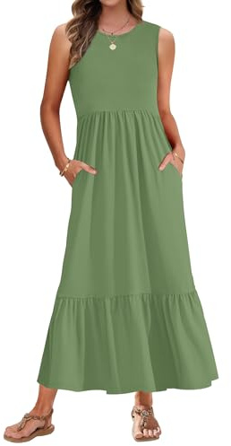 AUSELILY Maxi Dresses for Women Sleeveless Ladies Summer Dresses Round Neck Beach Cover-ups Sundress Casual Tiered Long Dress with Pockets Olive Green L