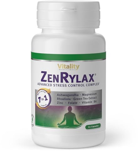 Anti Stress Kapseln mit Ashwagandha, Grüntee, Vitaminen und Mineralien (60 Stk) Dauerstress, Erschöpfung, Starke Nerven, Zenrylax Vitality Nutritionals by VitaminExpress